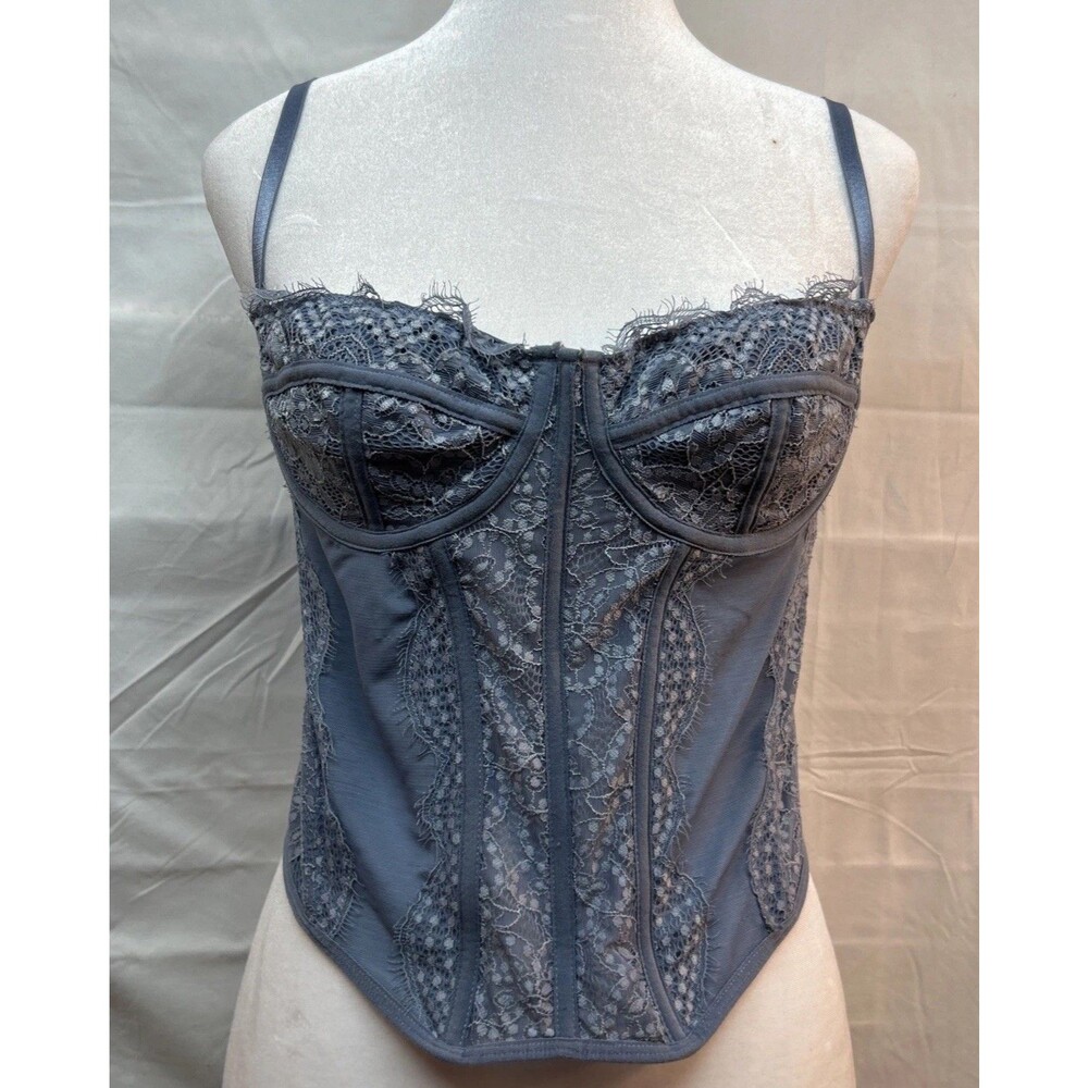 Dealmore Lace Corset Bustier Top Large Dusty Blue Gray Sheer Mesh Underwire Y2K